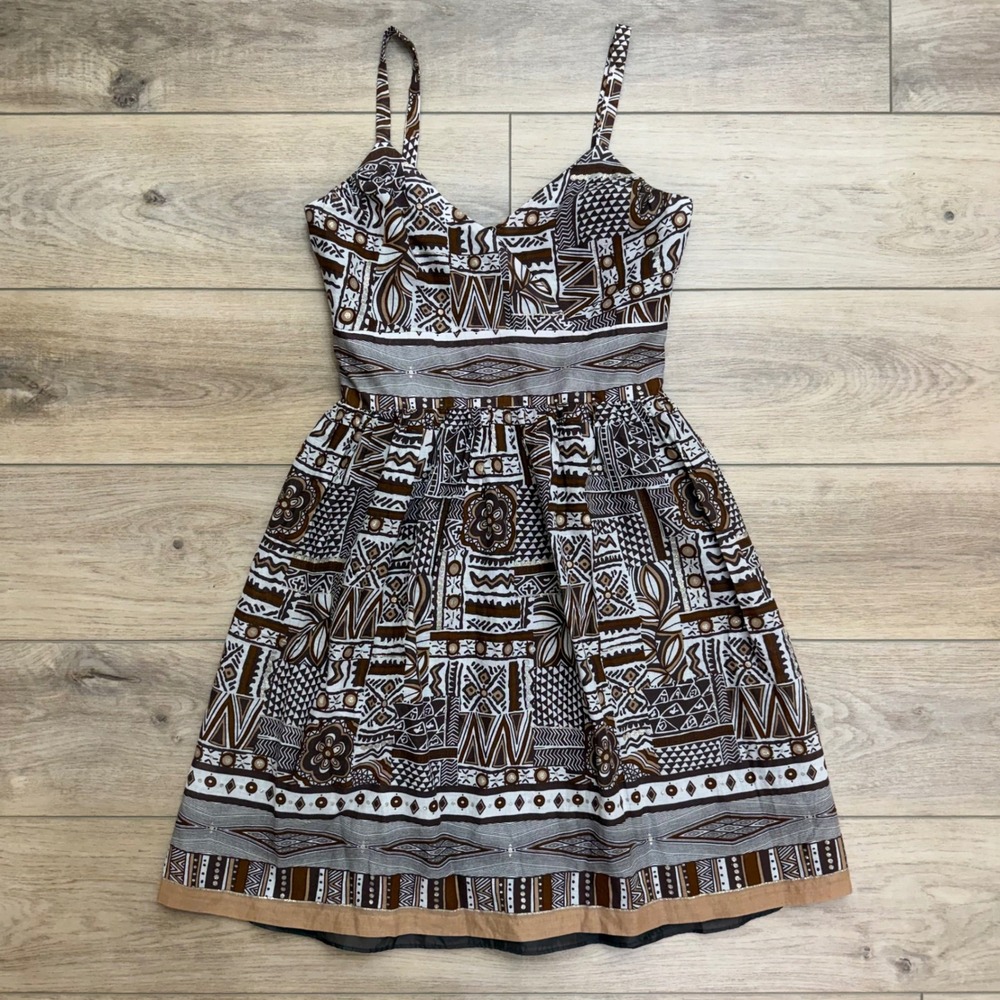 Dressbarn Petite Brown Tribal Geometric Print Cotton Sundress Glitter Accents 8P
